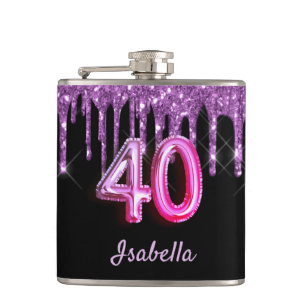 40e verjaardag zwart paarse glitter naam heupfles