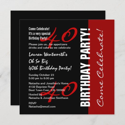 40e verjaardag zwart rood wit elegant script kaart (Voorkant / Achterkant)