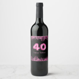 40e verjaardag zwart roze ballonnen | Faux Glitter Wijn Etiket