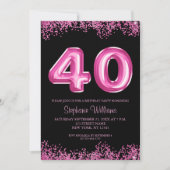 40e verjaardag zwart roze ballonnen glitter party kaart (Voorkant)
