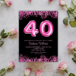 40e verjaardag zwart roze ballonnen glitter party uitnodiging briefkaart
