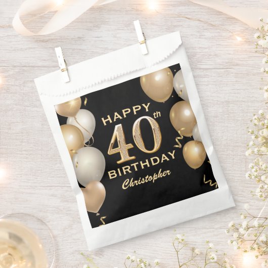 40e verjaardag Zwarte en gouden ballonnen Bedankzakje (Geknipt)