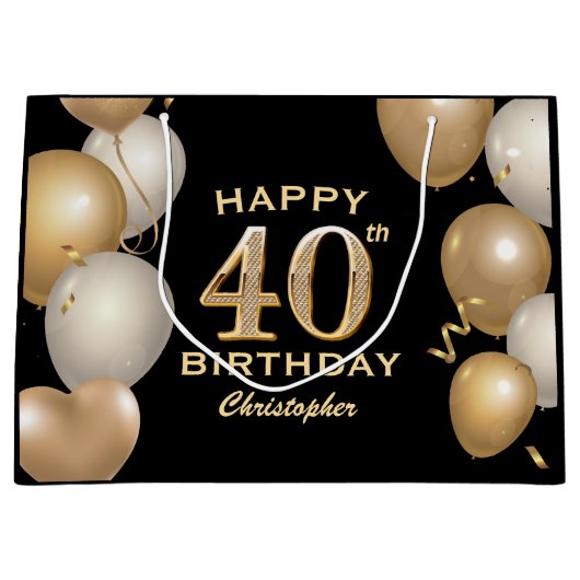 40e verjaardag Zwarte en gouden ballonnen Groot Cadeauzakje (Voorkant)