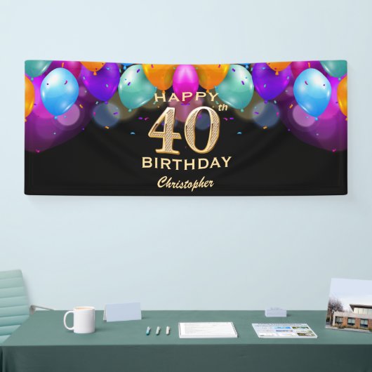 40e verjaardag Zwarte en gouden ballonnen Spandoek (Beurs)