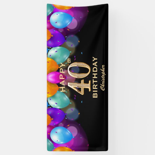 40e verjaardag Zwarte en gouden ballonnen Spandoek (Verticaal)