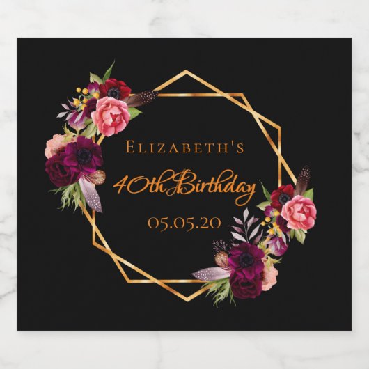 40e verjaardag zwarte floraal goud geometrische bu sparkling wijnetiket (Enkel label)