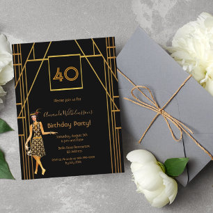 40e verjaardag zwarte gouden kunstdecostijluitnodi briefkaart