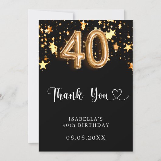 40e verjaardag zwarte gouden sterren bedankkaart (Voorkant)