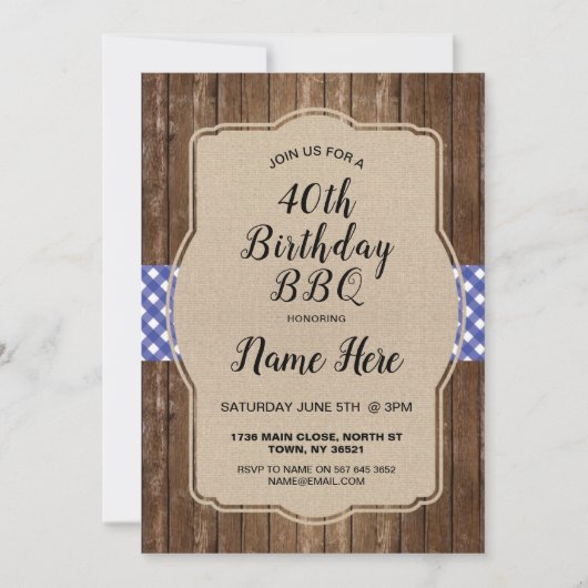 40e verjaardagsfeest Blue Gingham Burlap BBQ Uitno Kaart (Voorkant)