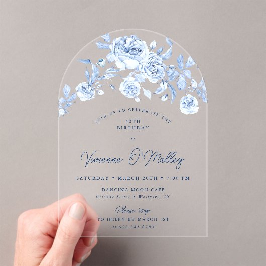 40e Verjaardagsfeest Dusty Blue Roos Bloemenboog Acryl Uitnodigingen (Insitu (Draagbaar))