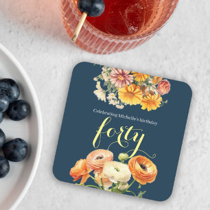 40e verjaardagsfeest Elegante vrolijke bloem Vierkante Kartonnen Onderzetter
