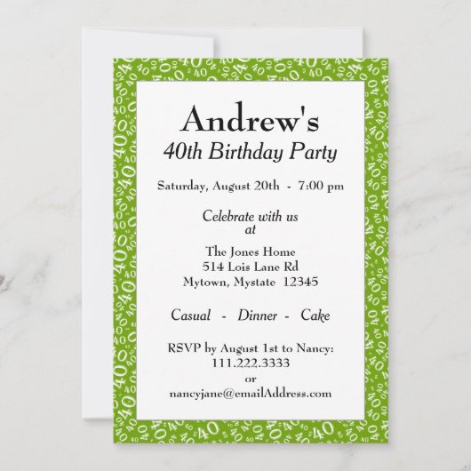 40e verjaardagsfeest, groen / wit getallenpatroon kaart (Voorkant)