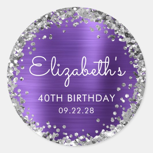 40e verjaardagsfeest Paarse zilveren glitter Ronde Sticker (Voorkant)