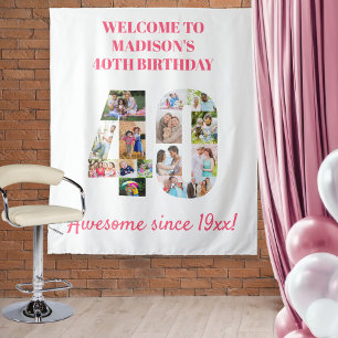 40e Verjaardagsfeest Roze Fotocollage Achtergrond Wandkleed