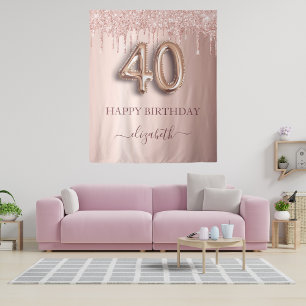 40e verjaardagsfeest roze roos gouden glitter wandkleed