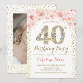 40e verjaardagsfeest Wit Goud Roze Foto Kaart (Voorkant / Achterkant)