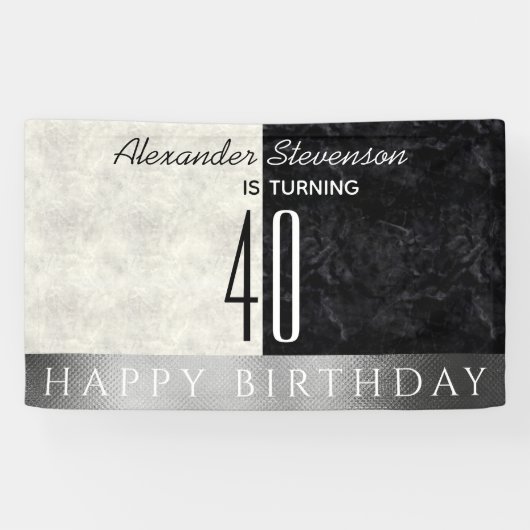 40e verjaardagsfeest, zwart en wit marmer spandoek (Horizontaal)
