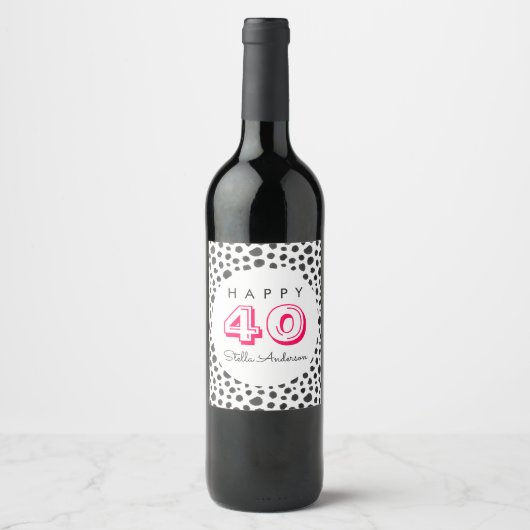 40e verjaardagsfeestje | Fun Black Stippen Pattern Wijn Etiket (Voorkant)