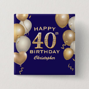 40e verjaardagsfeestje marineblauwe en gouden ball vierkante button 5,1 cm