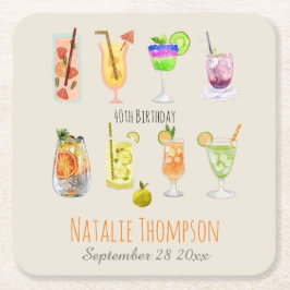 40e verjaardagsfeestje Mooie waterverf cocktail Vierkante Kartonnen Onderzetter