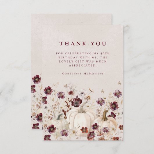40e verjaardagsfeestje pompoen Wildflower Custom Bedankkaart (Voorkant / Achterkant)
