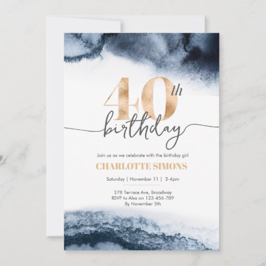40e verjaardagsuitnodiging Navy waterverf en goud Kaart (Voorkant)