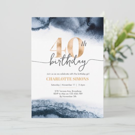40e verjaardagsuitnodiging Navy waterverf en goud Kaart (Staand voorkant)