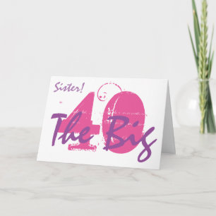 40e zusje van de verjaardag, roze, paarse tekst op kaart