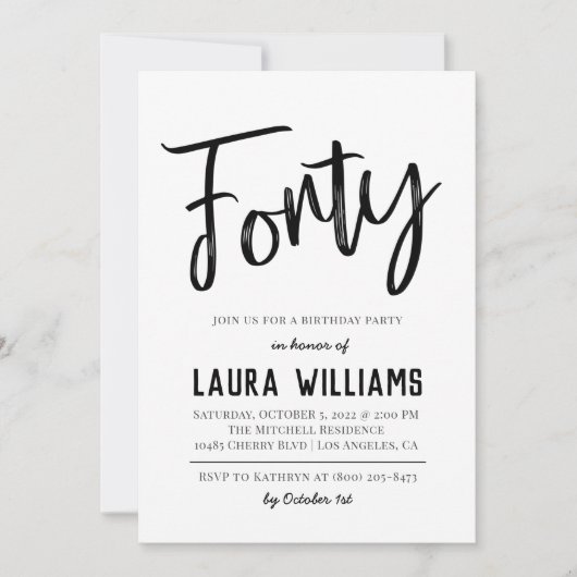 40ème Script Word Invitation d'anniversaire (Devant)