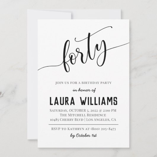 40ème Script Word Invitation d'anniversaire (Devant)