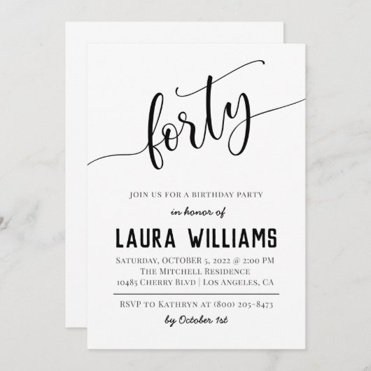 40ème Script Word Invitation d'anniversaire (Devant / Derrière)