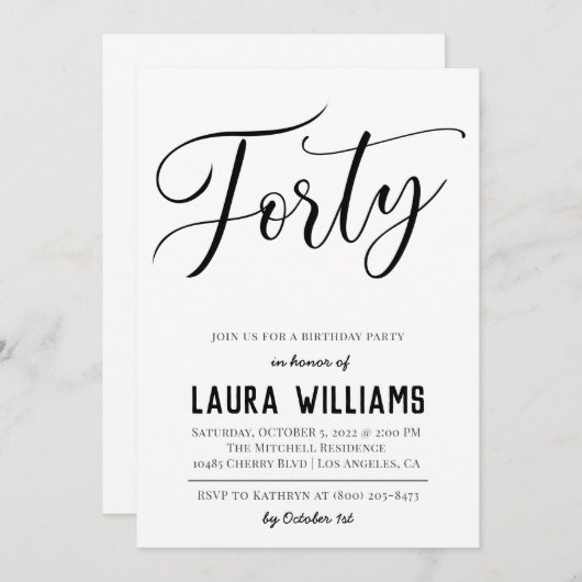 40ème Script Word Invitation d'anniversaire (Devant / Derrière)