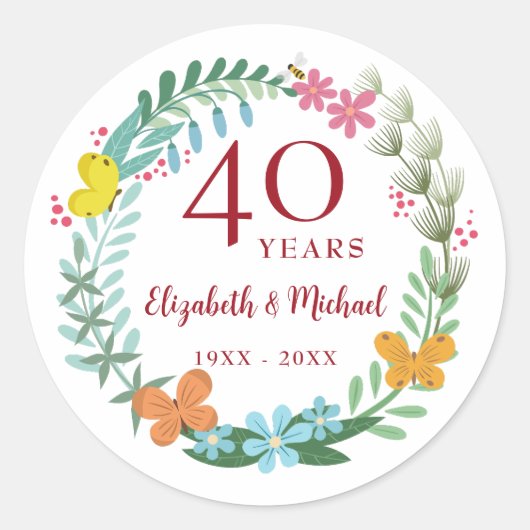 40ste huwelijksjubileum Robijn Bloem Vlinder Ronde Sticker (Voorkant)