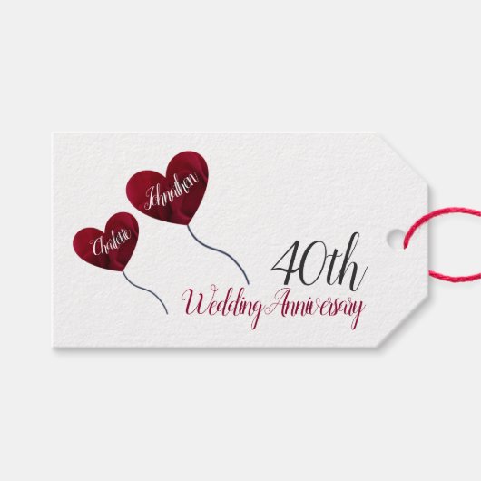 40ste Ruby bruiloft herdenking rode hartballonnen Cadeaulabel (Voorkant (Horizontaal))