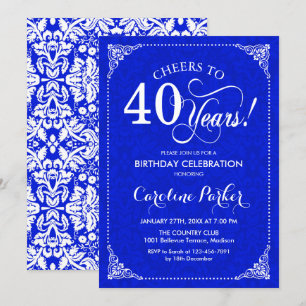 40ste verjaardag - Royal Blue White Damask Kaart
