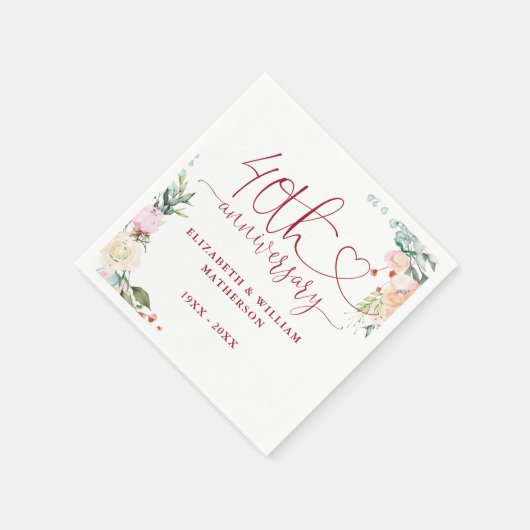 40ste verjaardag Ruby Heart Roses Bloemen Servet (Hoek)
