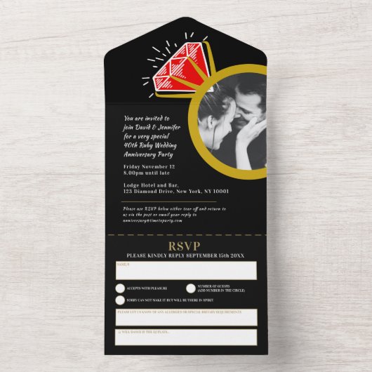 40ste verjaardagsfeestje robijn rode ring all in one uitnodiging (Binnen)