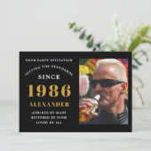 40th Birthday 1986 Black Gold Personalized Photo Kaart (Staand voorkant)