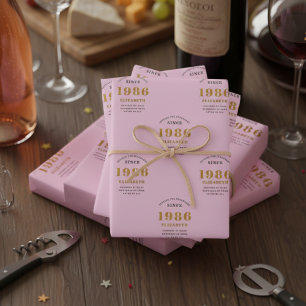 40th Birthday 1986 Voeg naam toe Pink Grey Inpakpapier Vel
