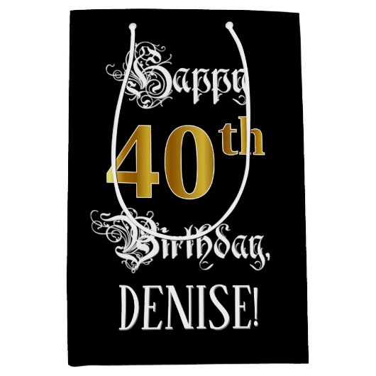 40th Birthday ~ Fancy Script; Faux Gold Look; Name Medium Cadeauzakje (Voorkant)