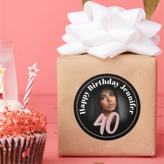 40th Birthday foto script roos roze aangepaste naa Ronde Sticker (Feest)
