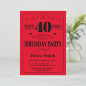 40th Birthday Invitation Black and Red Kaart (Staand voorkant)