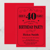 40th Birthday Invitation Black and Red Kaart (Voorkant / Achterkant)