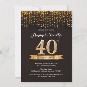 40th Birthday Invitation Black en Gold Glitter Kaart
