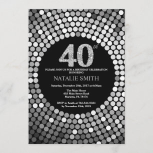 40th Birthday Invitation Black en Silver Glitter Kaart