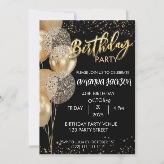 40th Birthday Invitation Black Gold Balloons Kaart (Voorkant)