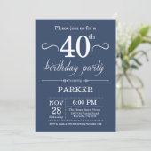 40th Birthday Invitation Blue Kaart (Staand voorkant)