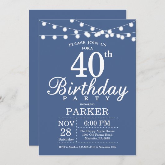 40th Birthday Invitation Blue Kaart (Voorkant / Achterkant)