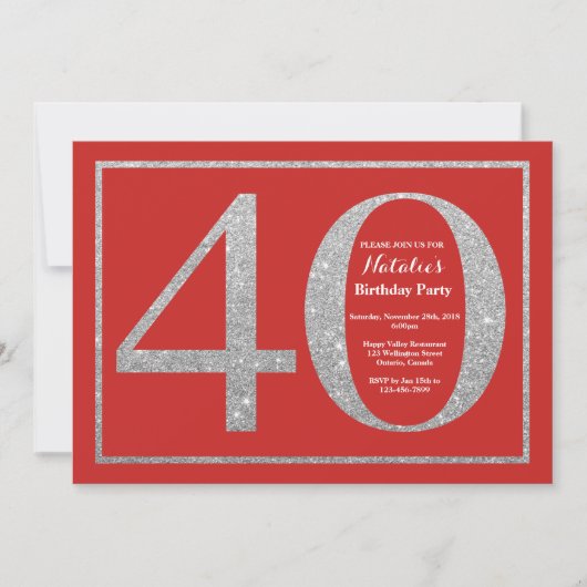 40th Birthday Invitation Red en Silver Glitter Kaart (Voorkant)