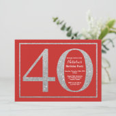 40th Birthday Invitation Red en Silver Glitter Kaart (Staand voorkant)